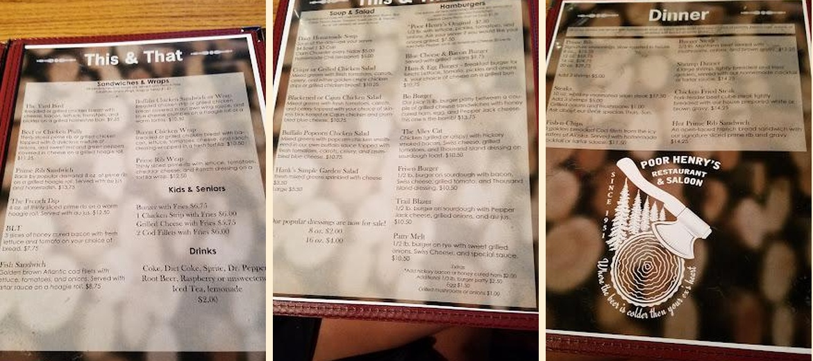 Poor Henry's Bar Menu